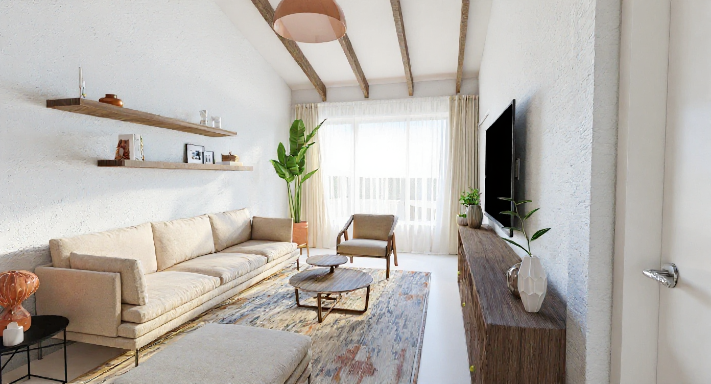 Living contemporáneo con ventanal amplio y luz natural difusa