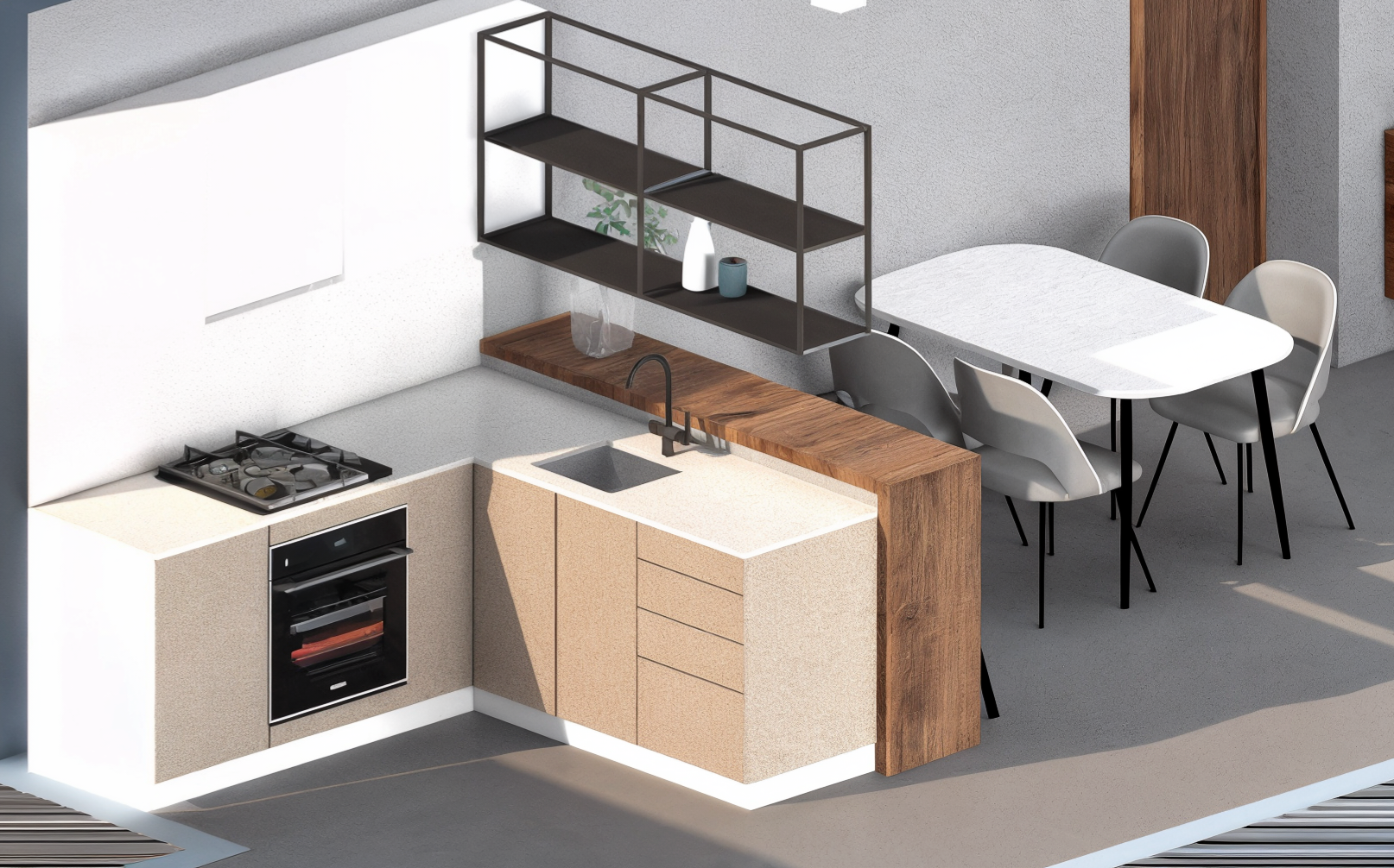 Cocina luminosa con detalles minimalistas y superficies limpias