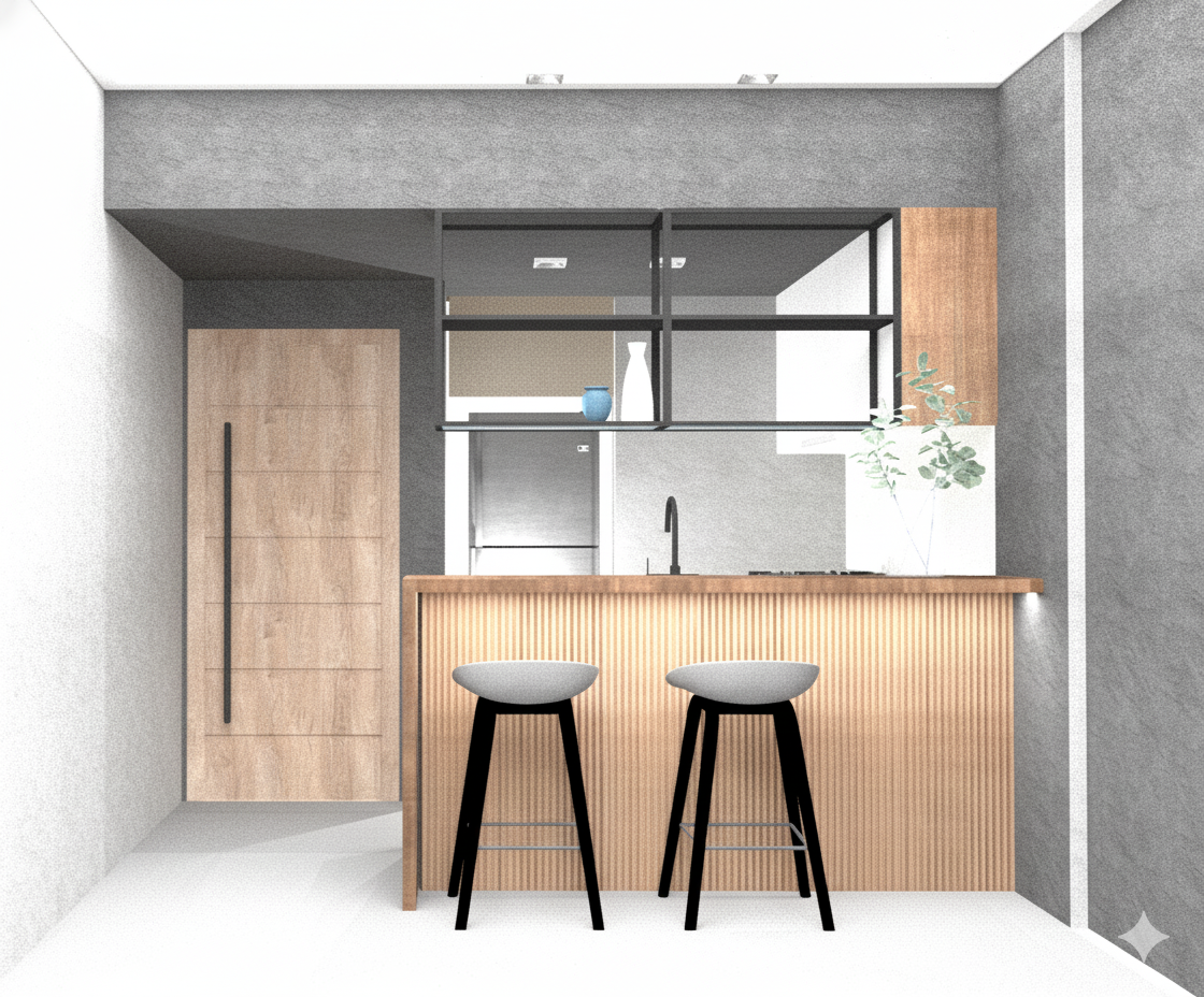 Barra de cocina que separa el living comedor, integrando ambos espacios con una transición cálida y funcional