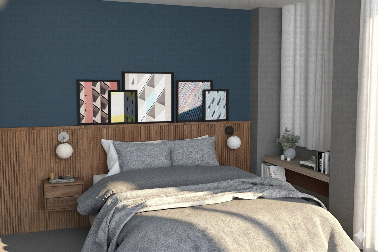 Dormitorio principal con líneas simples y atmósfera serena