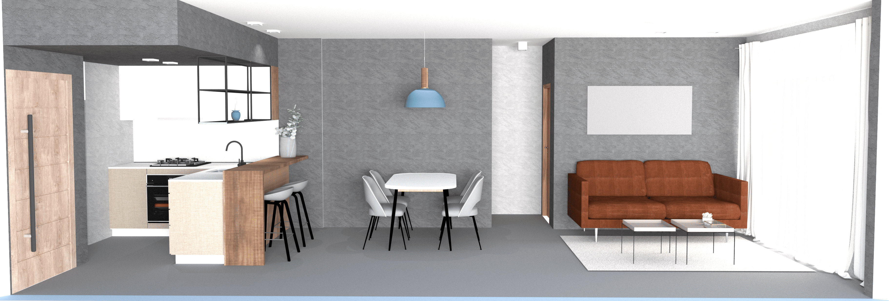 Cocina integrada al comedor con diseño funcional y cálido