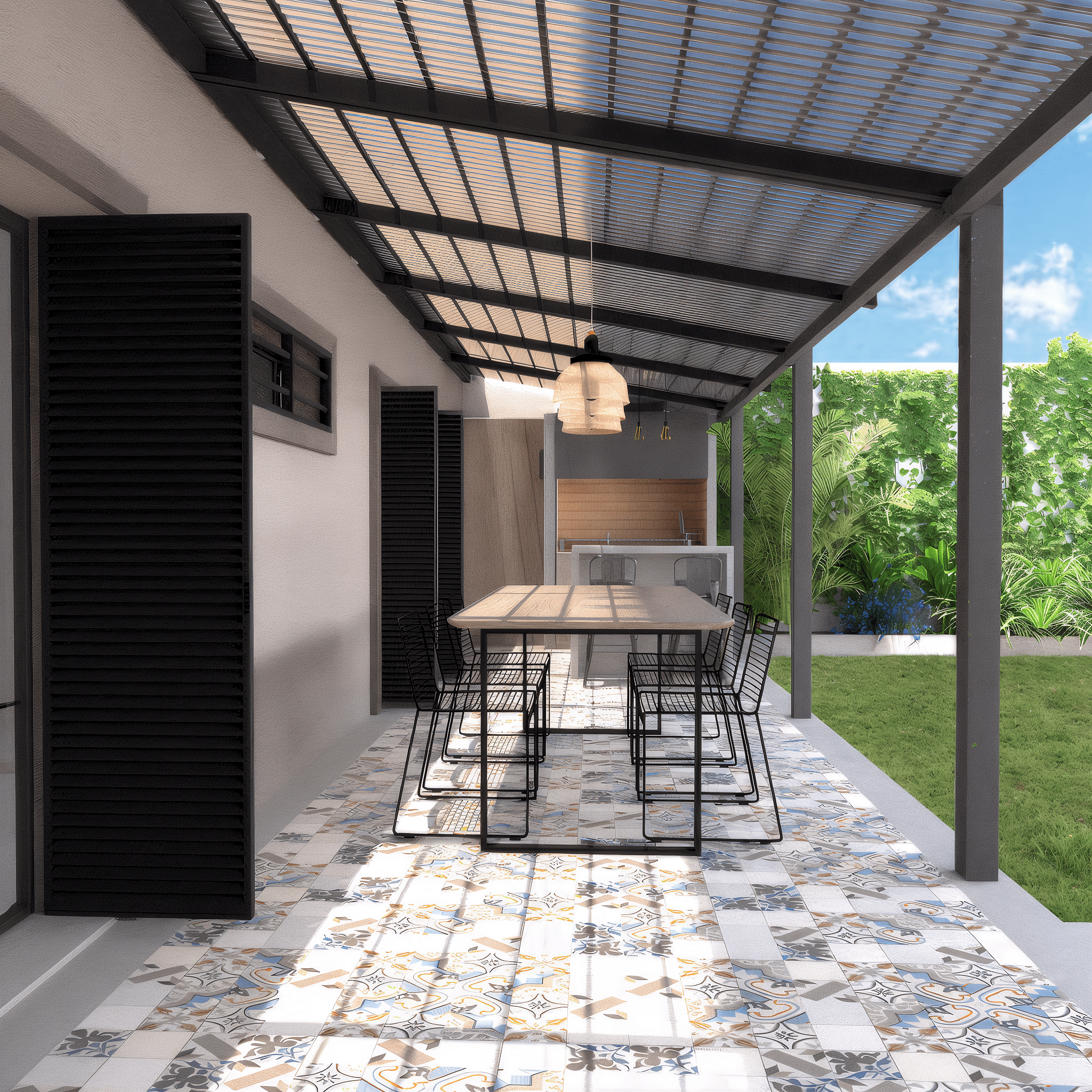 Galería exterior con mobiliario de líneas simples y tonos cálidos