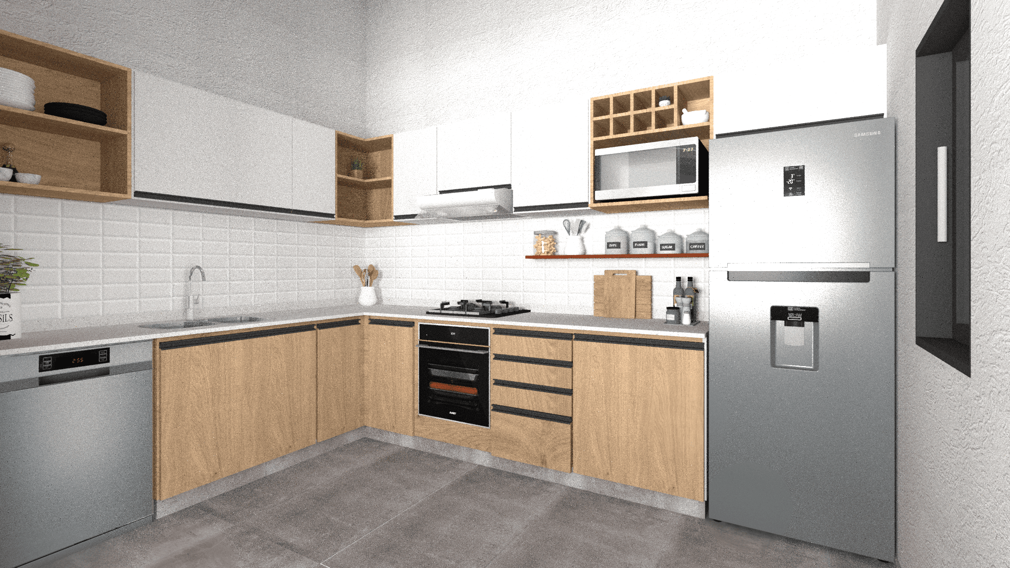 Cocina práctica con alacenas claras y detalles de madera natural